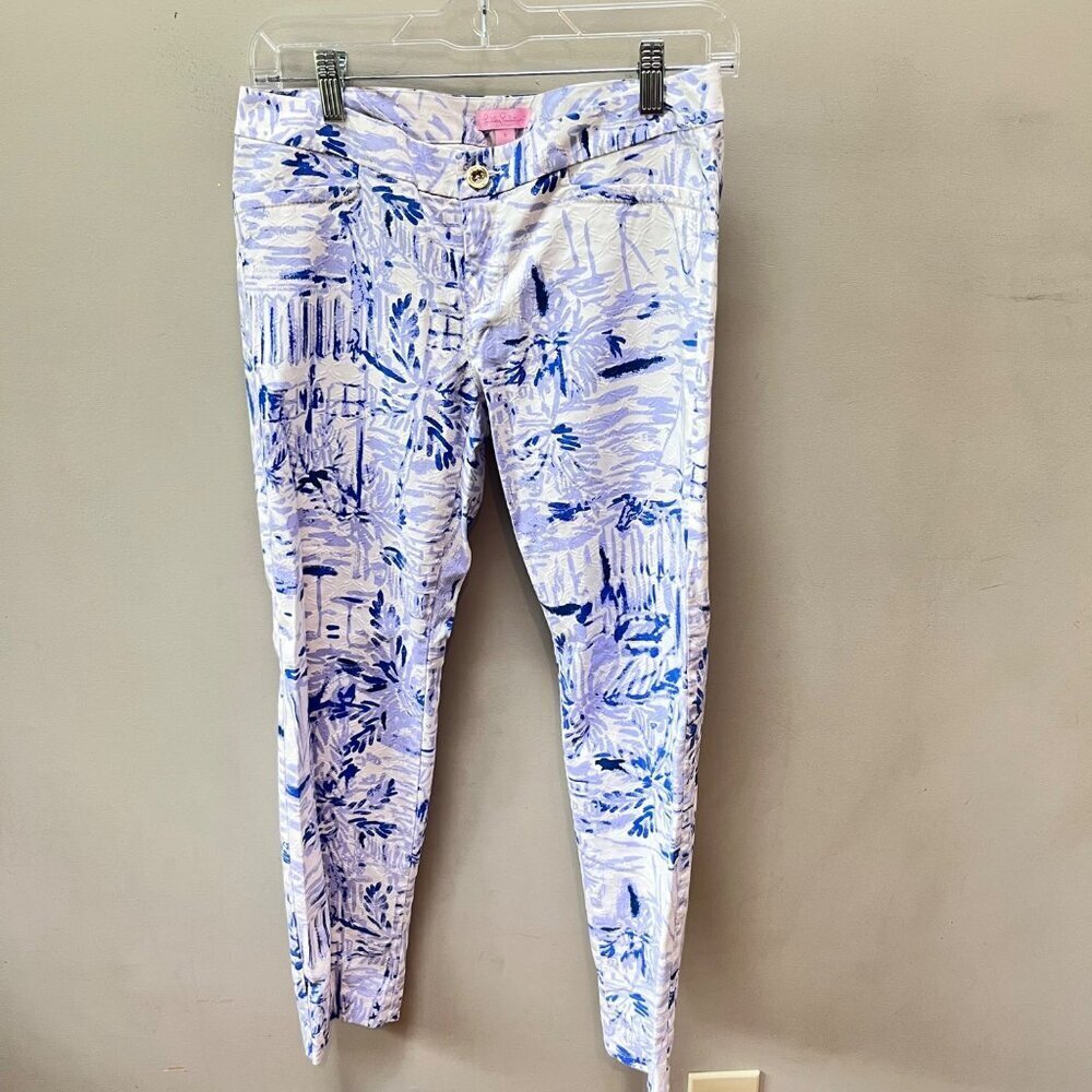 Lilly Pulitzer Size 6 Blue White Palm Print Pants Cotton Blend‎ Tropical Resort